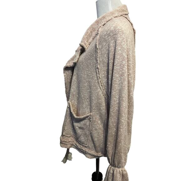FP Beach Free People Mara Cardi •M• Terry Taupe Pink Puff Sleeve Tassel Jacket - Picture 6 of 15